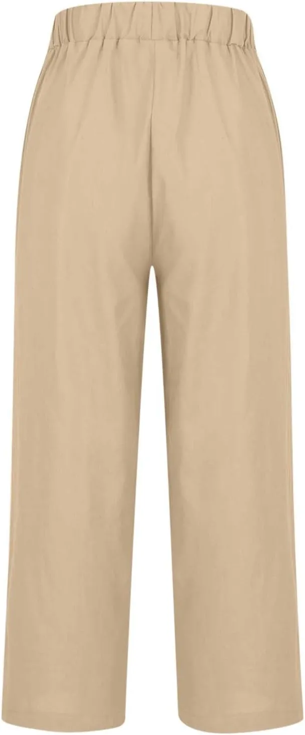 2024 Cotton Linen Pants Women Summer Elastic Waist Crop Pants Plus Size Straight Leg Slack Casual Trouser with Pocket