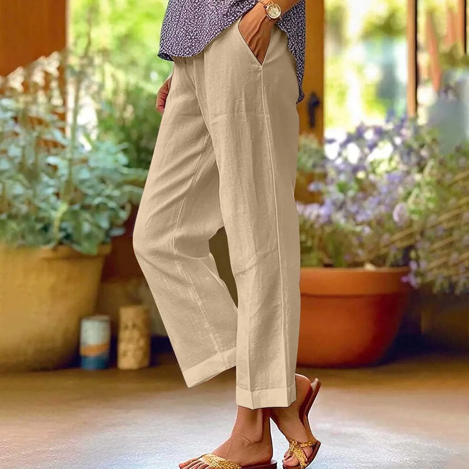2024 Cotton Linen Pants Women Summer Elastic Waist Crop Pants Plus Size Straight Leg Slack Casual Trouser with Pocket