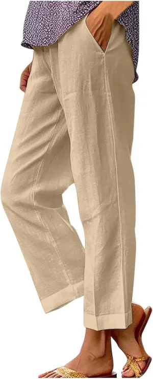 2024 Cotton Linen Pants Women Summer Elastic Waist Crop Pants Plus Size Straight Leg Slack Casual Trouser with Pocket