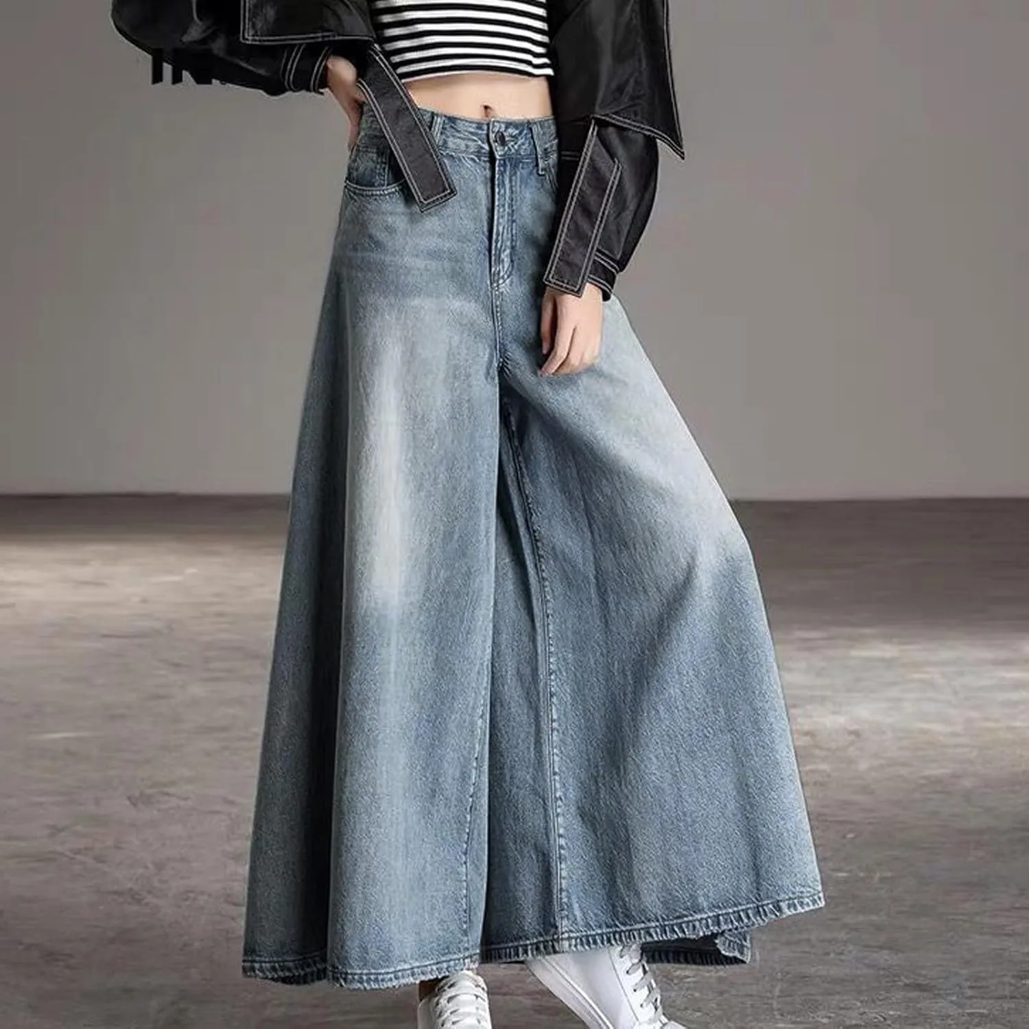 2024 Women's Extra Wide Leg Jeans High Waistled Palazzo Culottes Denim Pants Plus Size Casual Loose Fit with Pockets