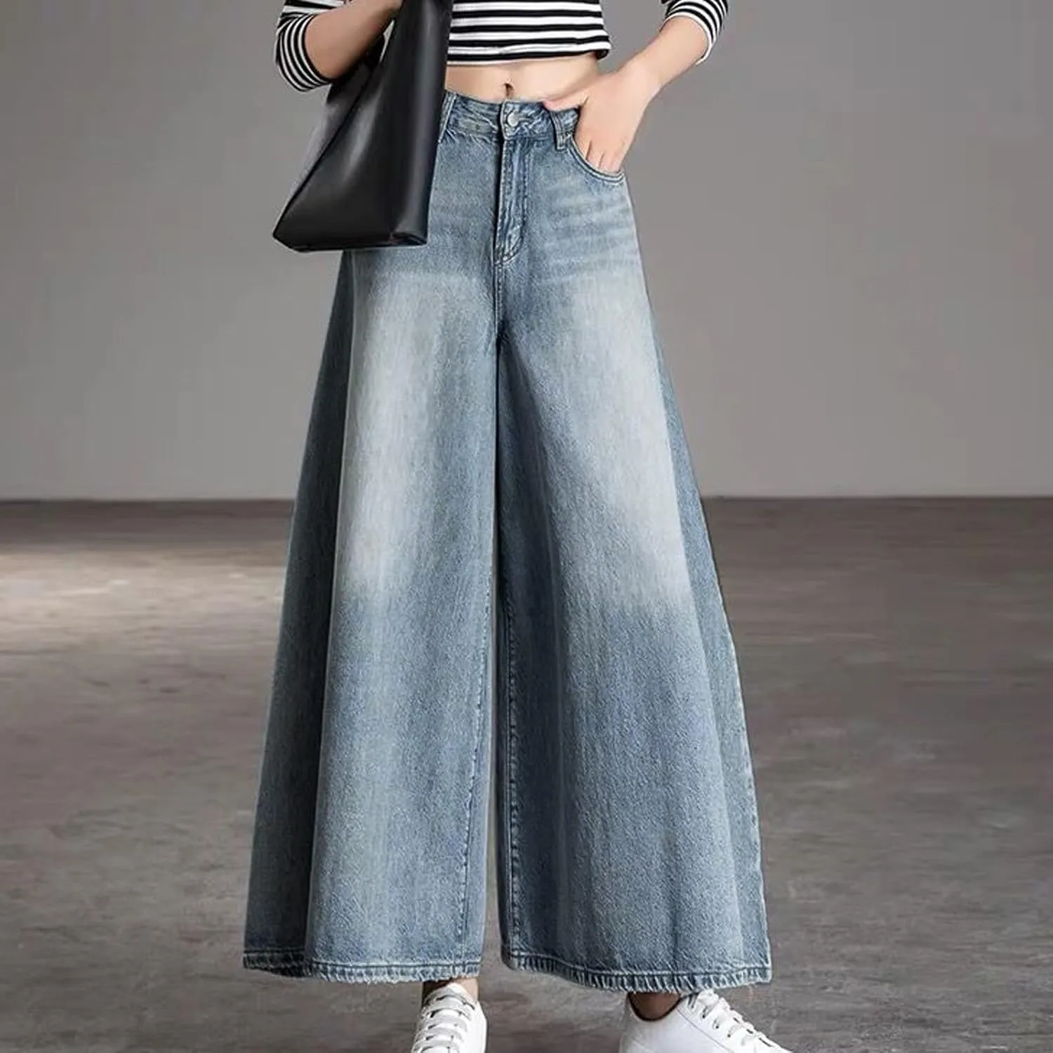 2024 Women's Extra Wide Leg Jeans High Waistled Palazzo Culottes Denim Pants Plus Size Casual Loose Fit with Pockets