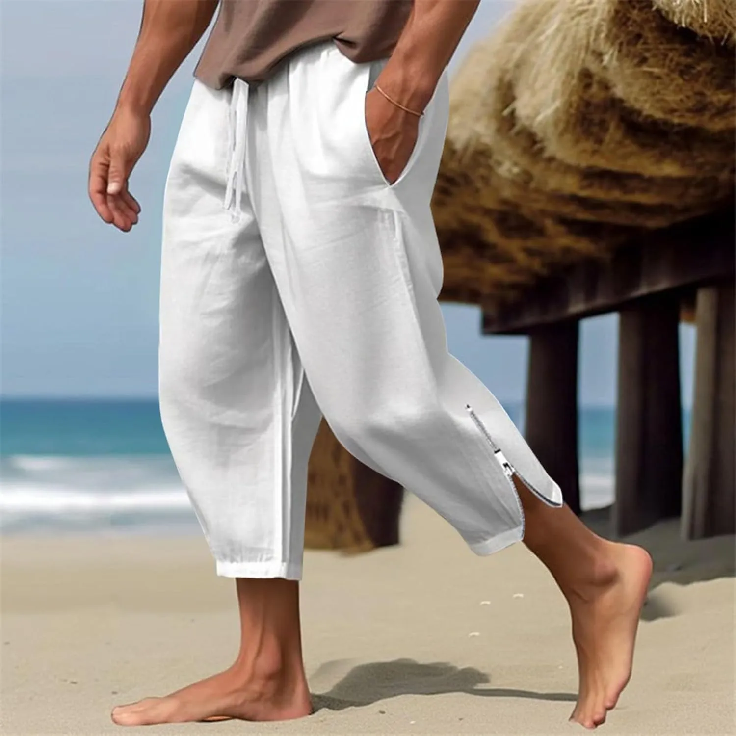 3/4 Leg Shorts for Men Summer Drawstring Elastic Waist Zipper Fit Comfy Leisure Style Elasticity Cute Trendy Trousers