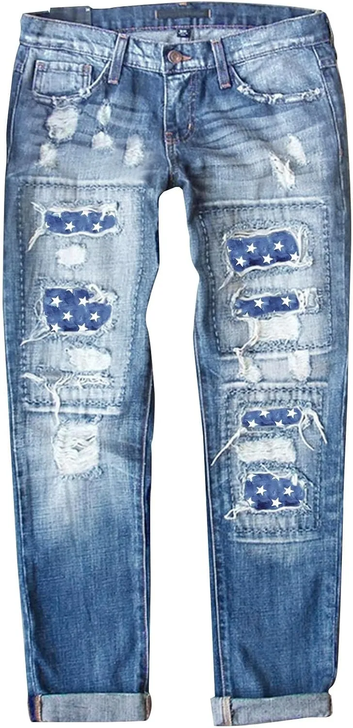 4th of July Ripped Jeans for Women USA Flag Star Striped Patch Cut Out Distressed Boyfriend Patriotic Denim Jeans