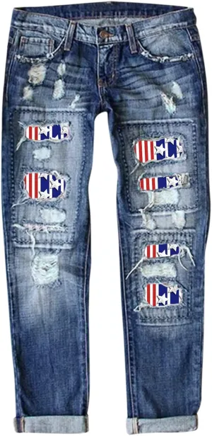 4th of July Ripped Jeans for Women USA Flag Star Striped Patch Cut Out Distressed Boyfriend Patriotic Denim Jeans