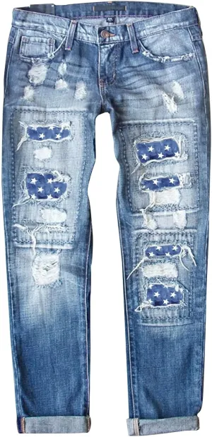 4th of July Ripped Jeans for Women USA Flag Star Striped Patch Cut Out Distressed Boyfriend Patriotic Denim Jeans