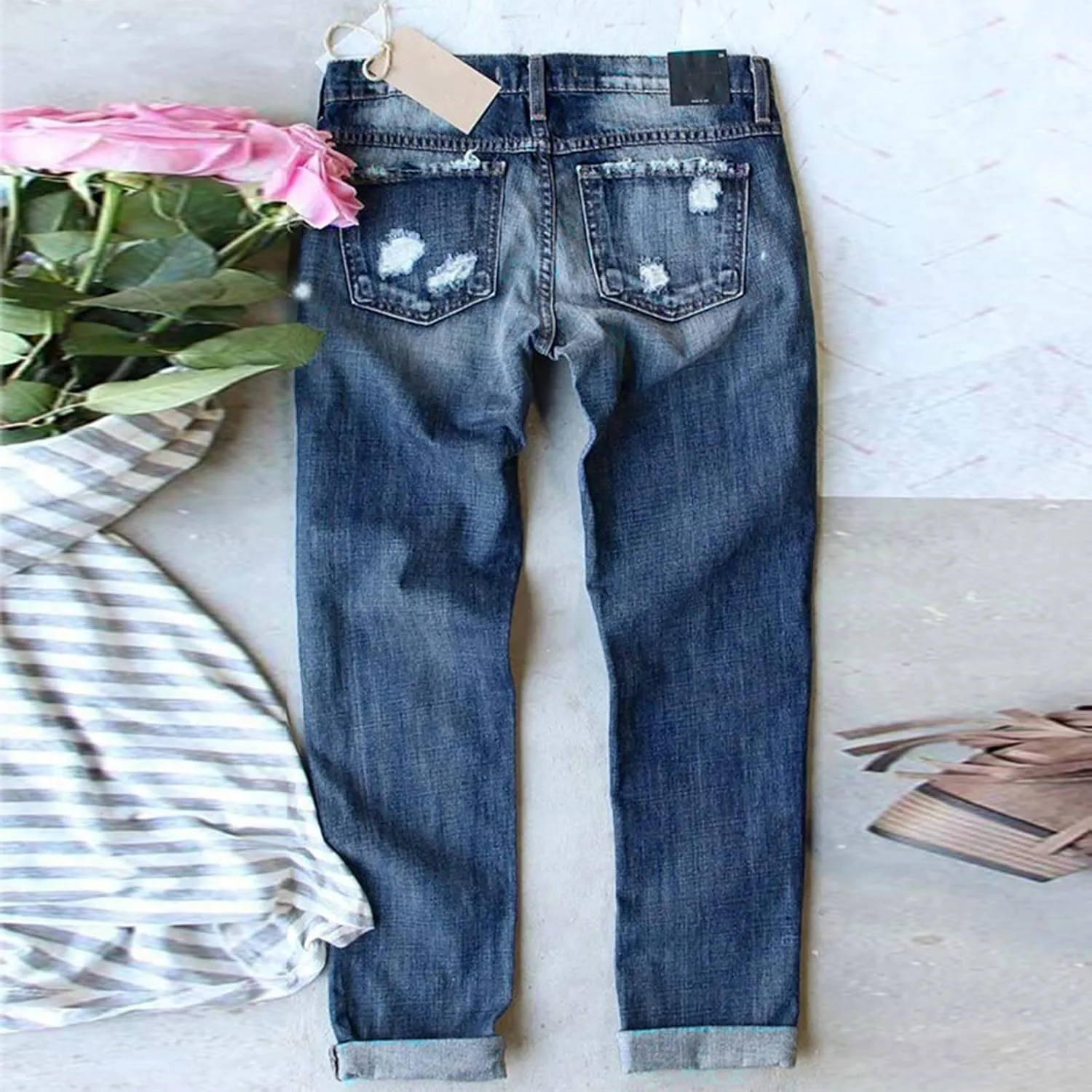4th of July Ripped Jeans for Women USA Flag Star Striped Patch Cut Out Distressed Boyfriend Patriotic Denim Jeans