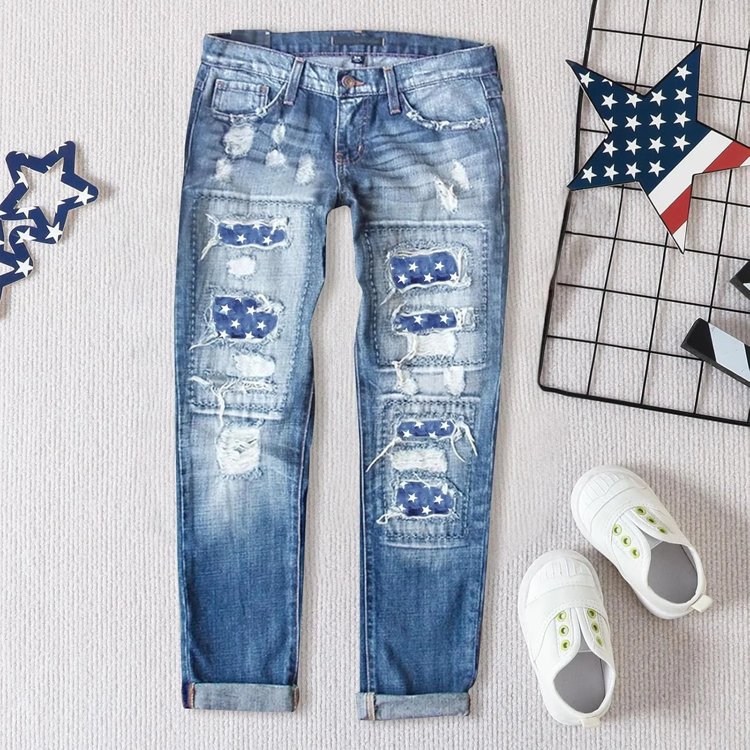 4th of July Ripped Jeans for Women USA Flag Star Striped Patch Cut Out Distressed Boyfriend Patriotic Denim Jeans