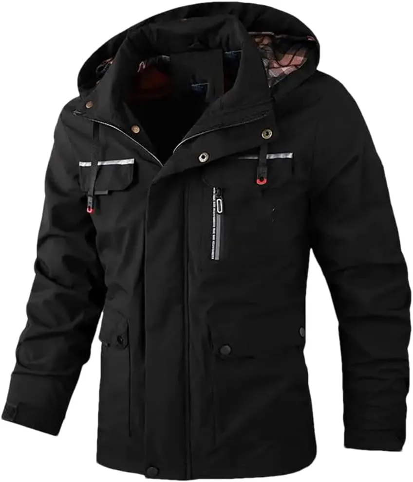 Adhdyuud Men's Casual Jacket Parka Winter Pockets Hooded Jackets Solid Turtleneck Outdoor Coat