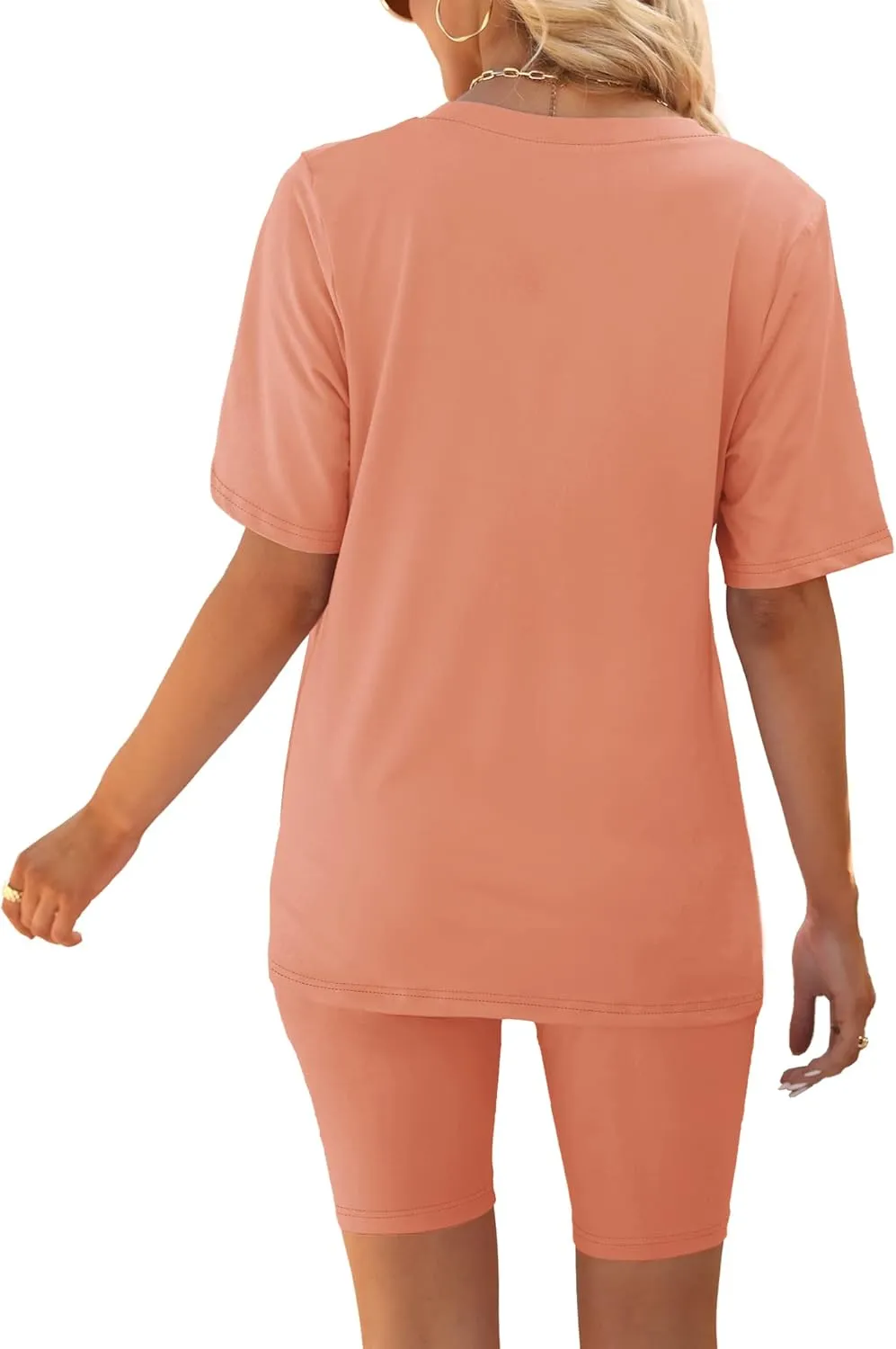 AGSEEM Two Piece Outfits For Women Summer V Neck T-Shirt Tops Biker Shorts Workout Sports Tracksuit