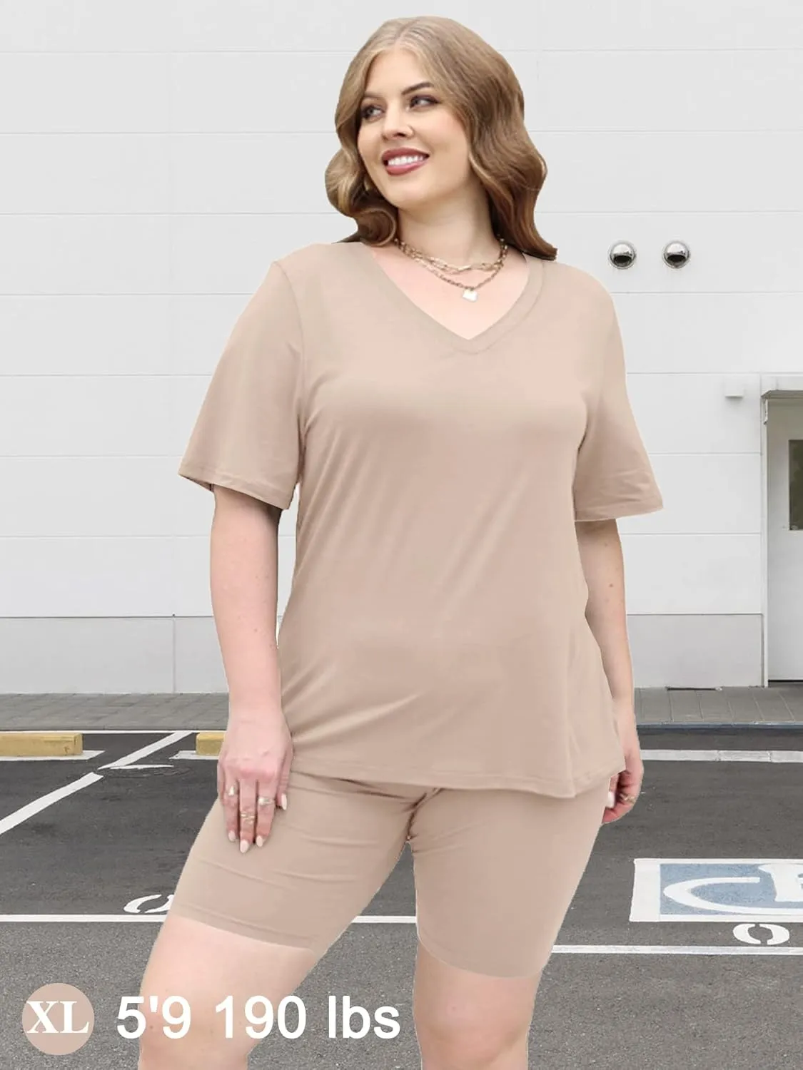 AGSEEM Two Piece Outfits For Women Summer V Neck T-Shirt Tops Biker Shorts Workout Sports Tracksuit