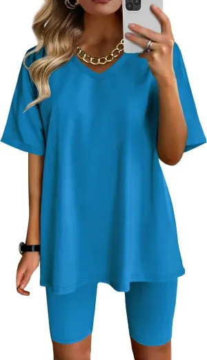 AGSEEM Two Piece Outfits For Women Summer V Neck T-Shirt Tops Biker Shorts Workout Sports Tracksuit