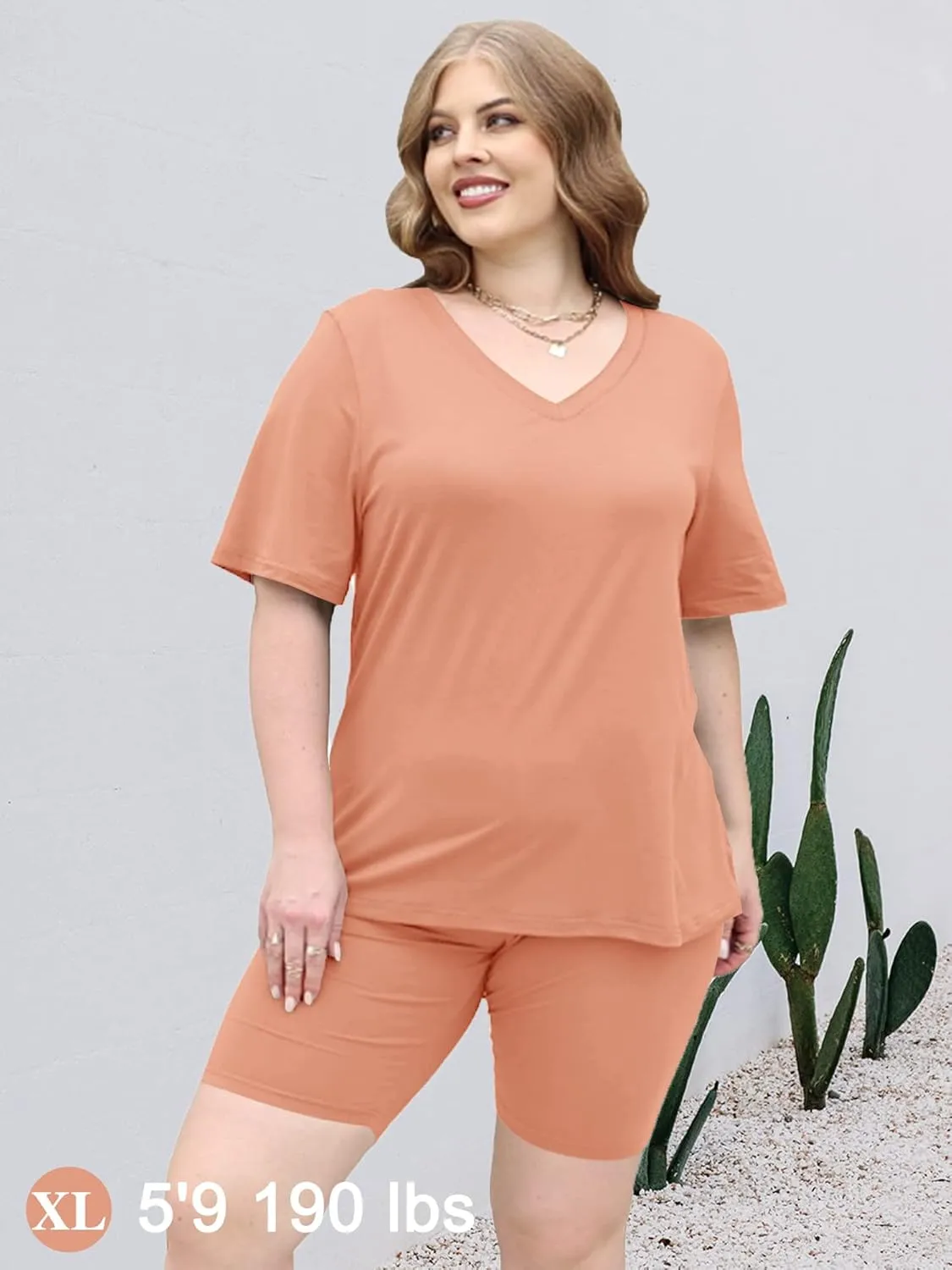 AGSEEM Two Piece Outfits For Women Summer V Neck T-Shirt Tops Biker Shorts Workout Sports Tracksuit