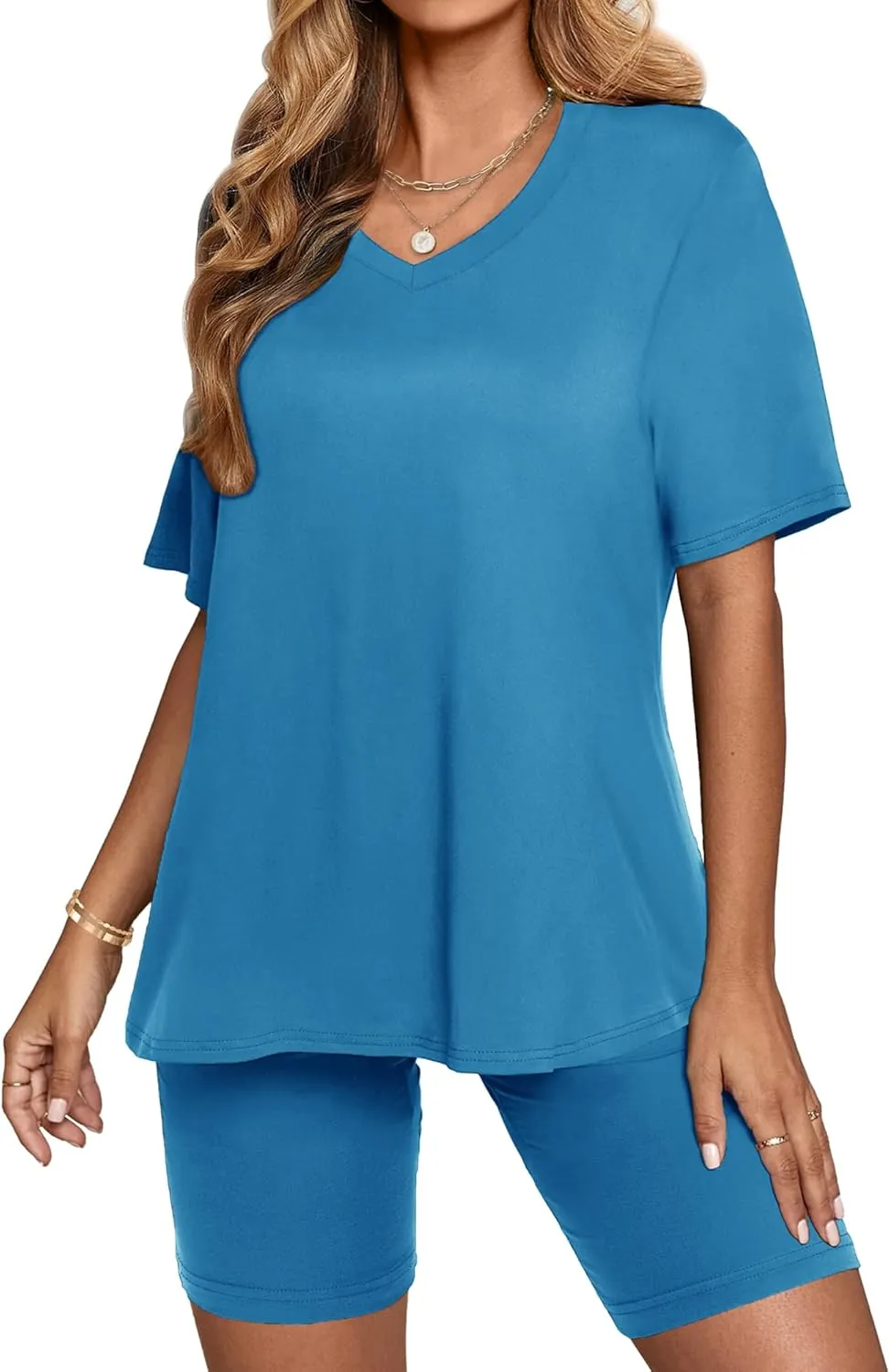AGSEEM Two Piece Outfits For Women Summer V Neck T-Shirt Tops Biker Shorts Workout Sports Tracksuit