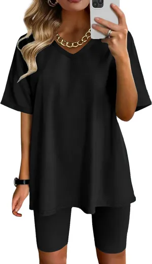AGSEEM Two Piece Outfits For Women Summer V Neck T-Shirt Tops Biker Shorts Workout Sports Tracksuit