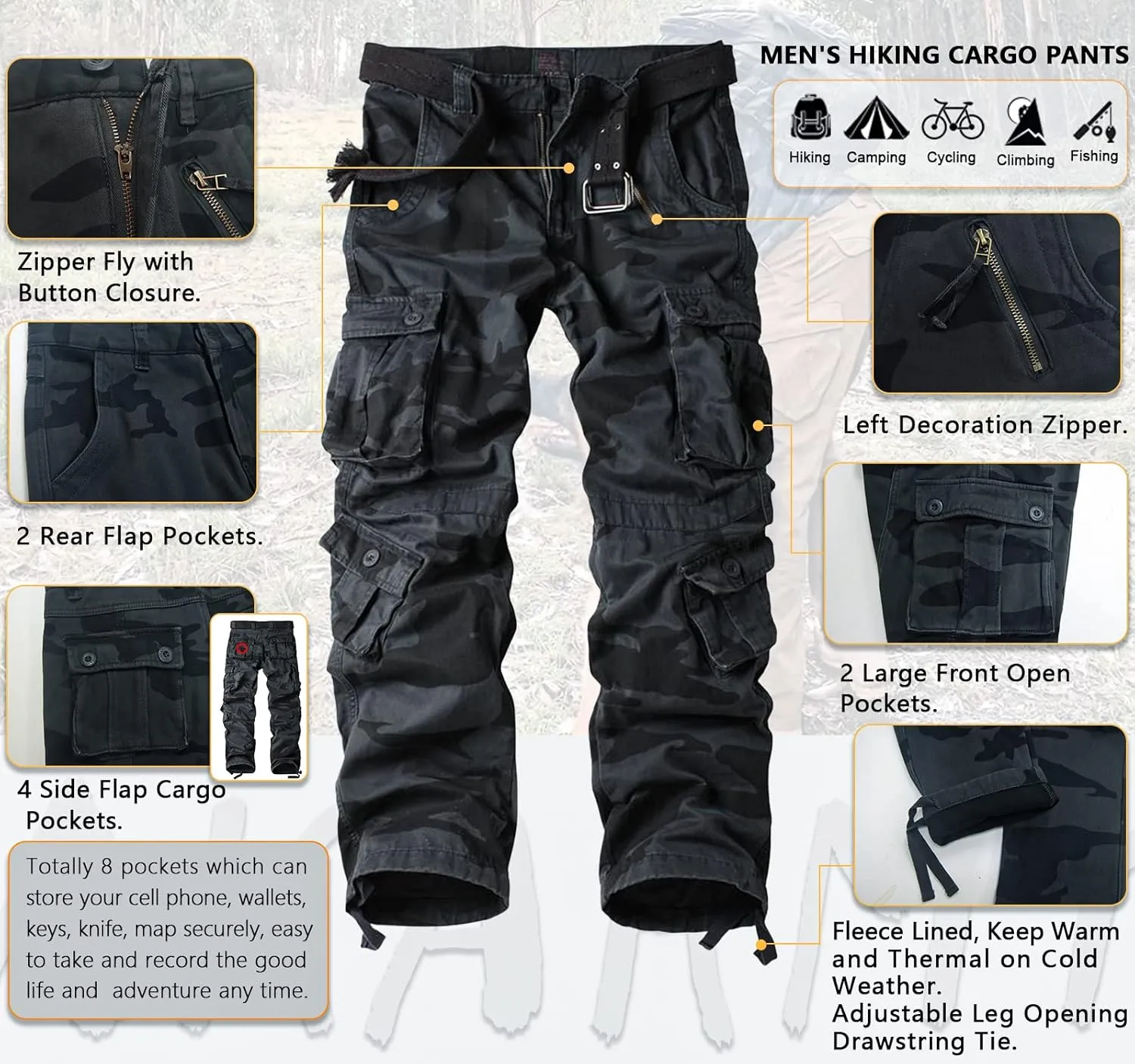 AKARMY Men's Fleece Lined Hiking Pants Outdoor Cargo Pants Casual Work Ski Pants with 8 Pockets