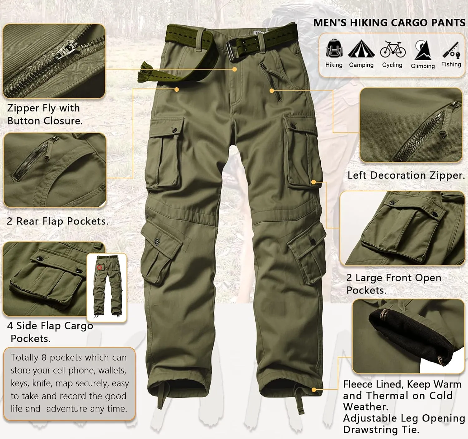 AKARMY Men's Fleece Lined Hiking Pants Outdoor Cargo Pants Casual Work Ski Pants with 8 Pockets