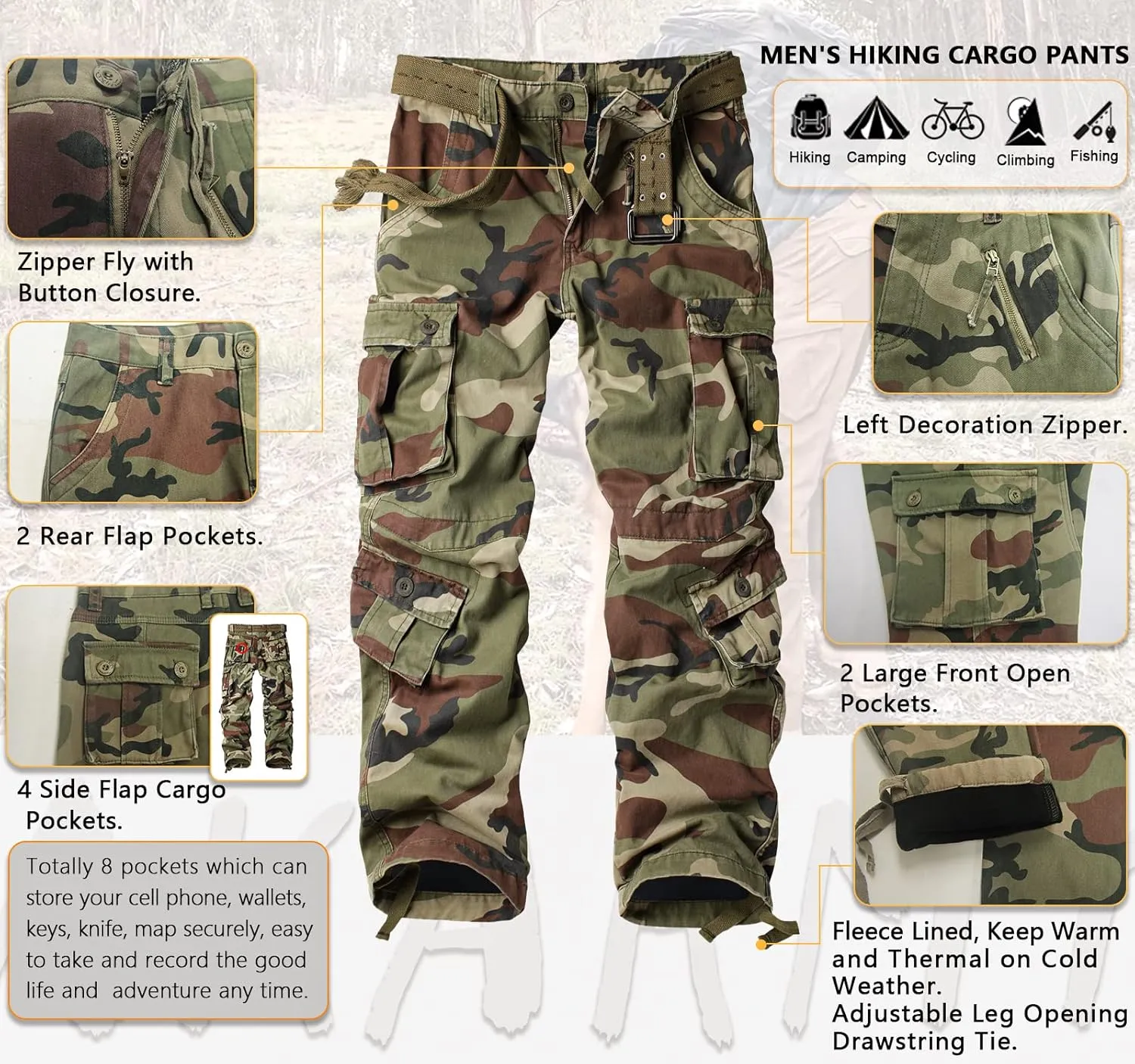 AKARMY Men's Fleece Lined Hiking Pants Outdoor Cargo Pants Casual Work Ski Pants with 8 Pockets