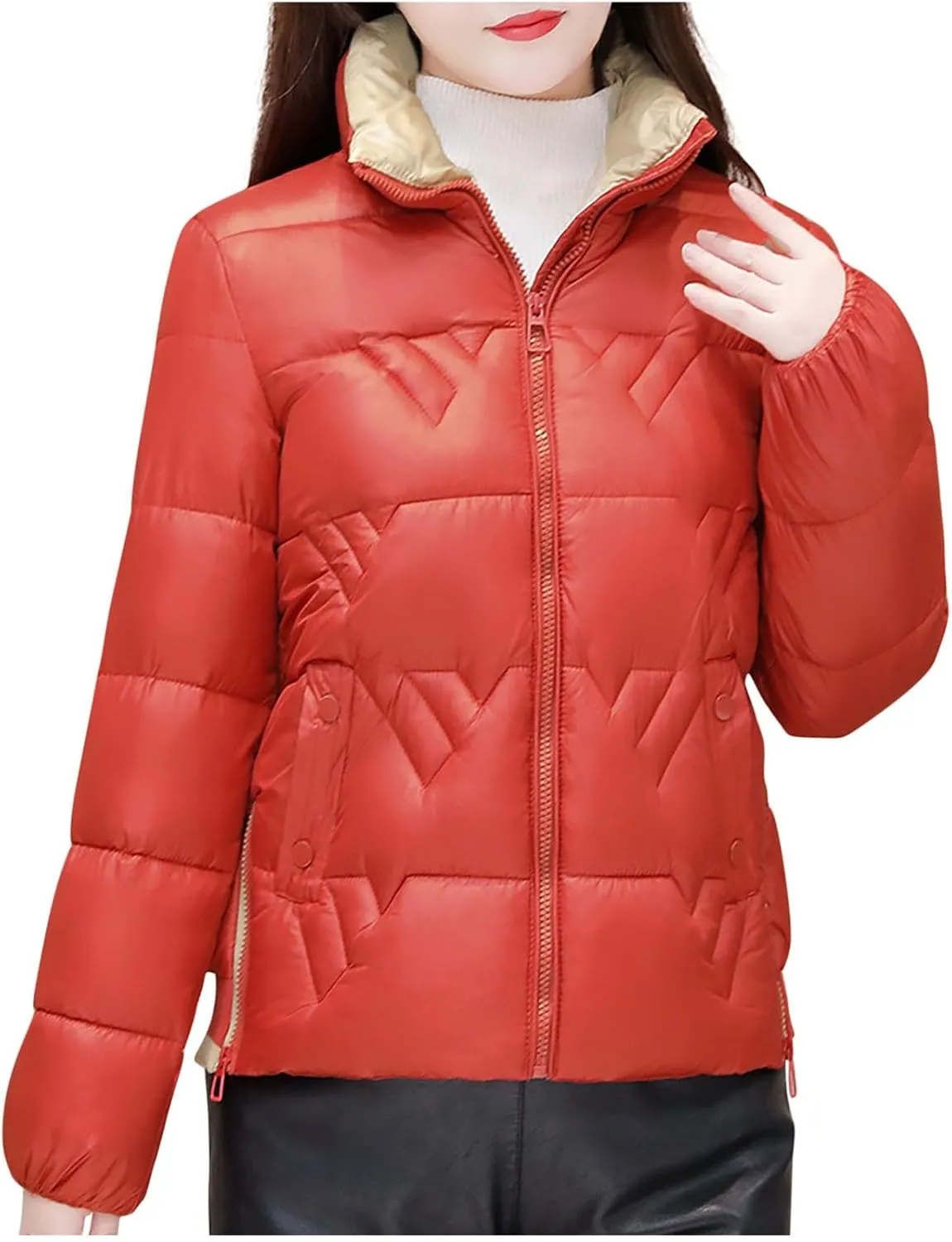 Akklian Women's Classic Full Zip Stand Collar Quilted Puffer Jacket Winter Warm Long Sleeve Lightweight Down Coat with Pocket