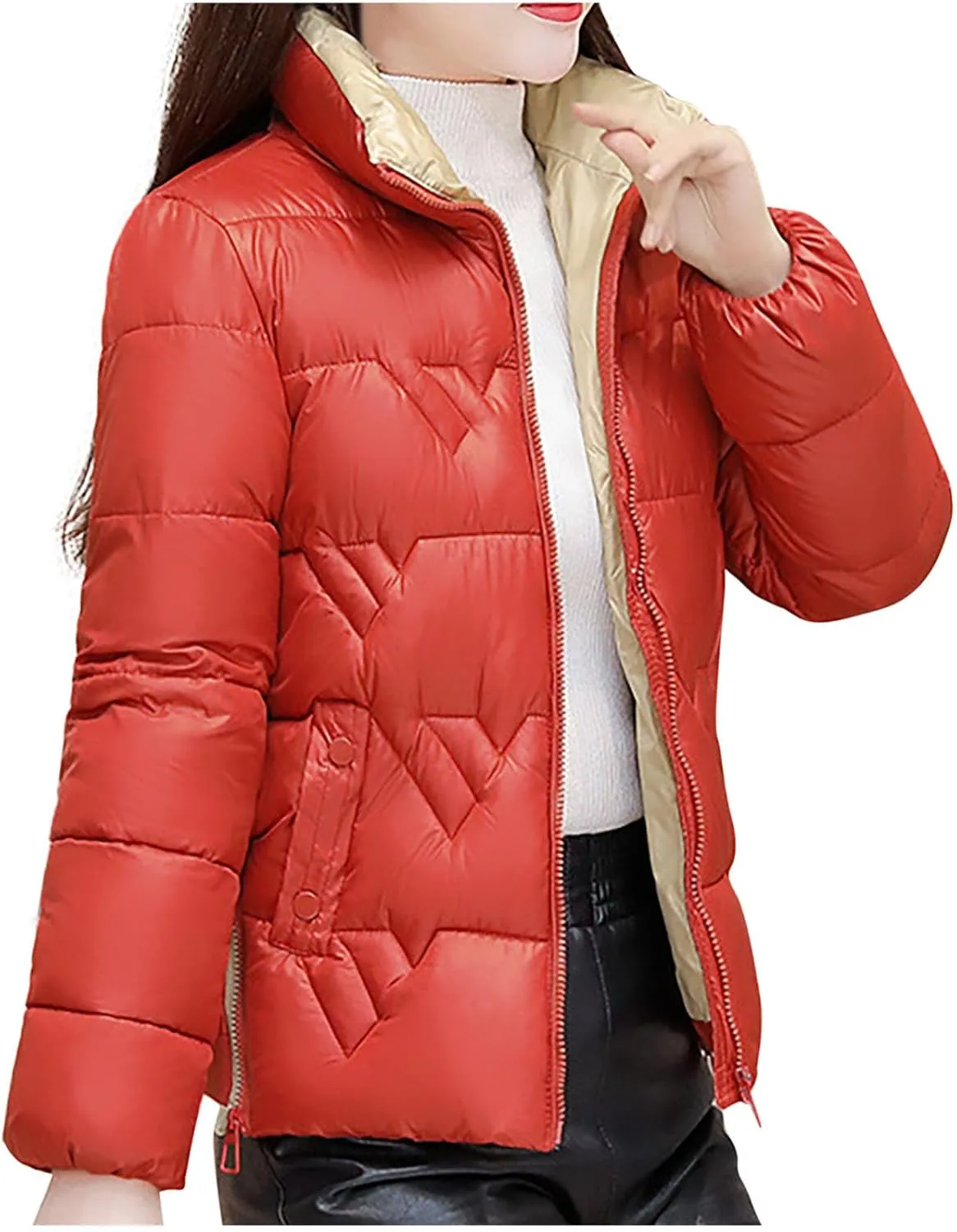 Akklian Women's Classic Full Zip Stand Collar Quilted Puffer Jacket Winter Warm Long Sleeve Lightweight Down Coat with Pocket