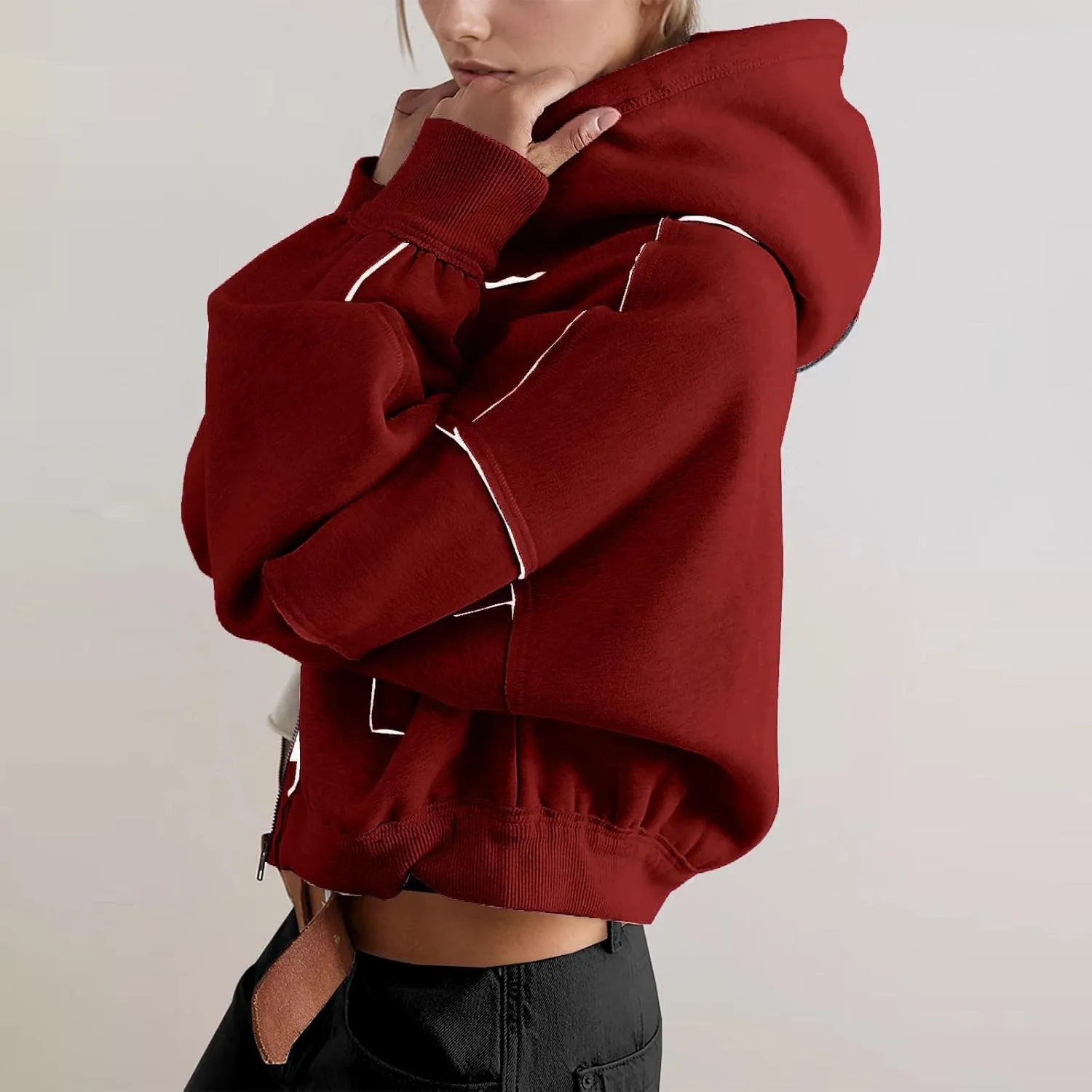 Akklian Zip Up Hoodies for Women Fashion Cropped Sweatshirt Fleece Lined Y2K Fall Teen Girls Preppy Clothes Casual Jackets