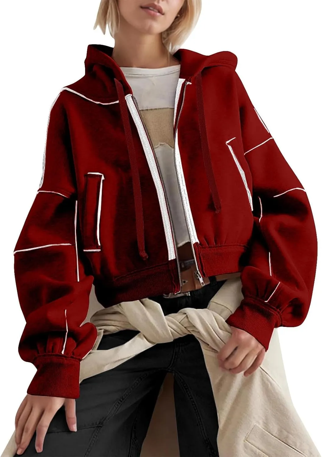 Akklian Zip Up Hoodies for Women Fashion Cropped Sweatshirt Fleece Lined Y2K Fall Teen Girls Preppy Clothes Casual Jackets