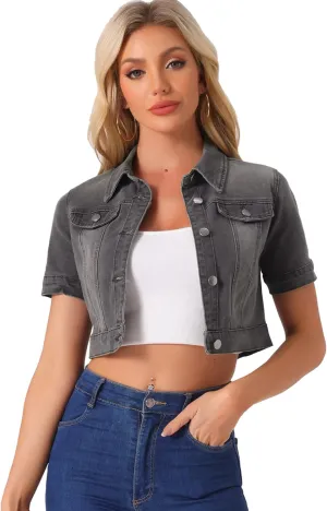 Allegra K Casual Jacket for Women's Short Sleeves Crop Jean Denim Jacket