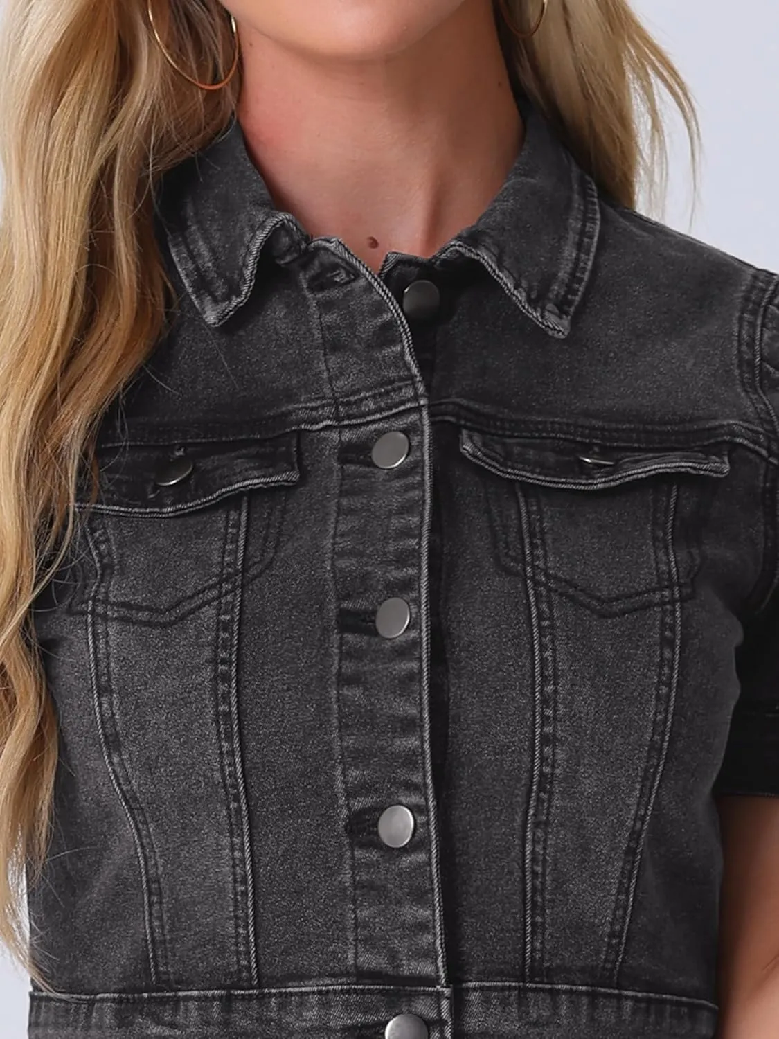 Allegra K Casual Jacket for Women's Short Sleeves Crop Jean Denim Jacket
