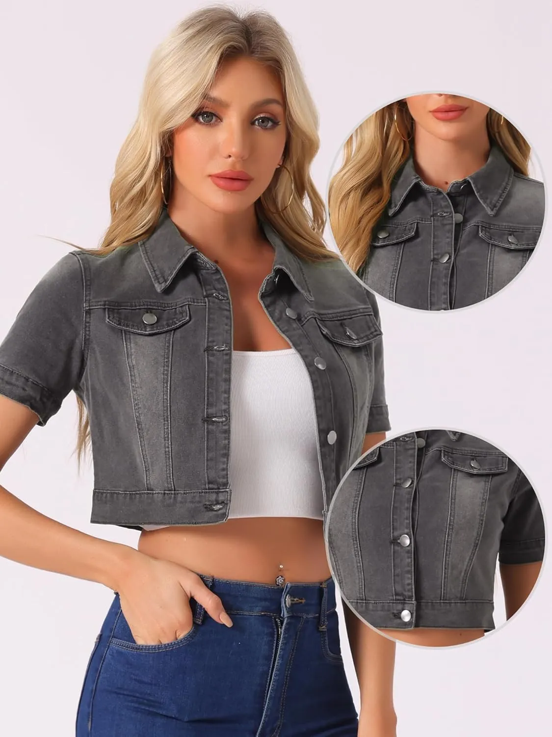 Allegra K Casual Jacket for Women's Short Sleeves Crop Jean Denim Jacket