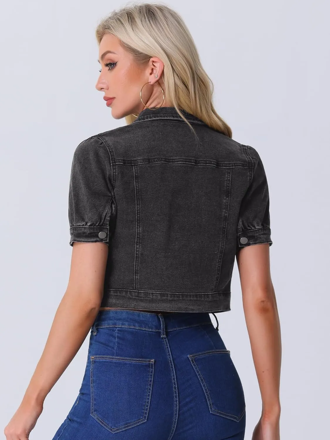 Allegra K Casual Jacket for Women's Short Sleeves Crop Jean Denim Jacket