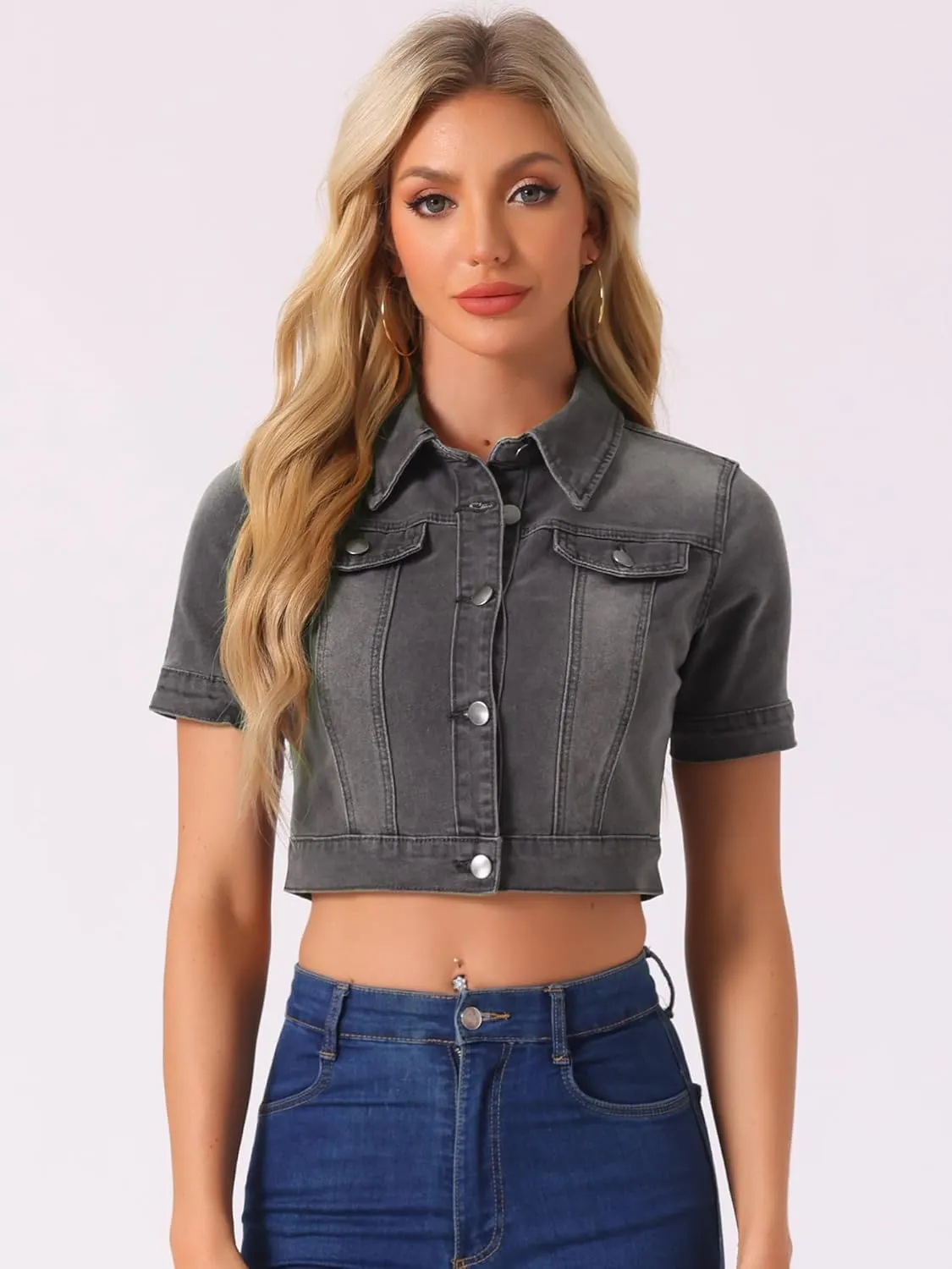Allegra K Casual Jacket for Women's Short Sleeves Crop Jean Denim Jacket