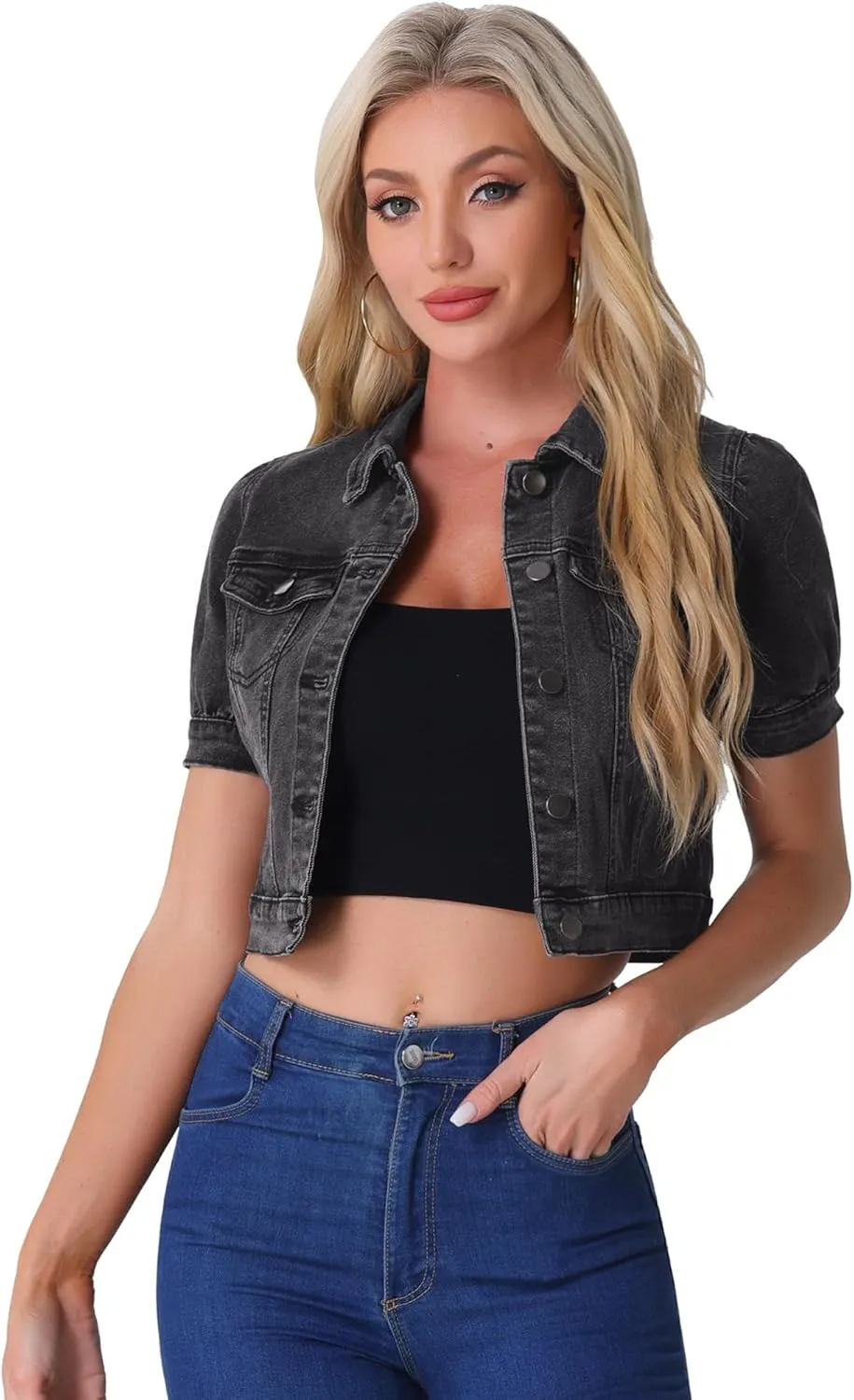Allegra K Casual Jacket for Women's Short Sleeves Crop Jean Denim Jacket