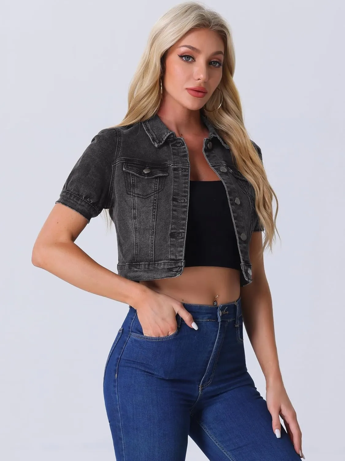 Allegra K Casual Jacket for Women's Short Sleeves Crop Jean Denim Jacket
