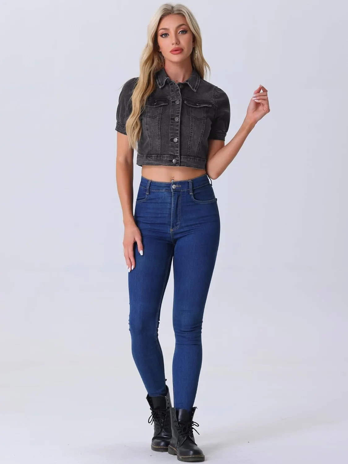 Allegra K Casual Jacket for Women's Short Sleeves Crop Jean Denim Jacket