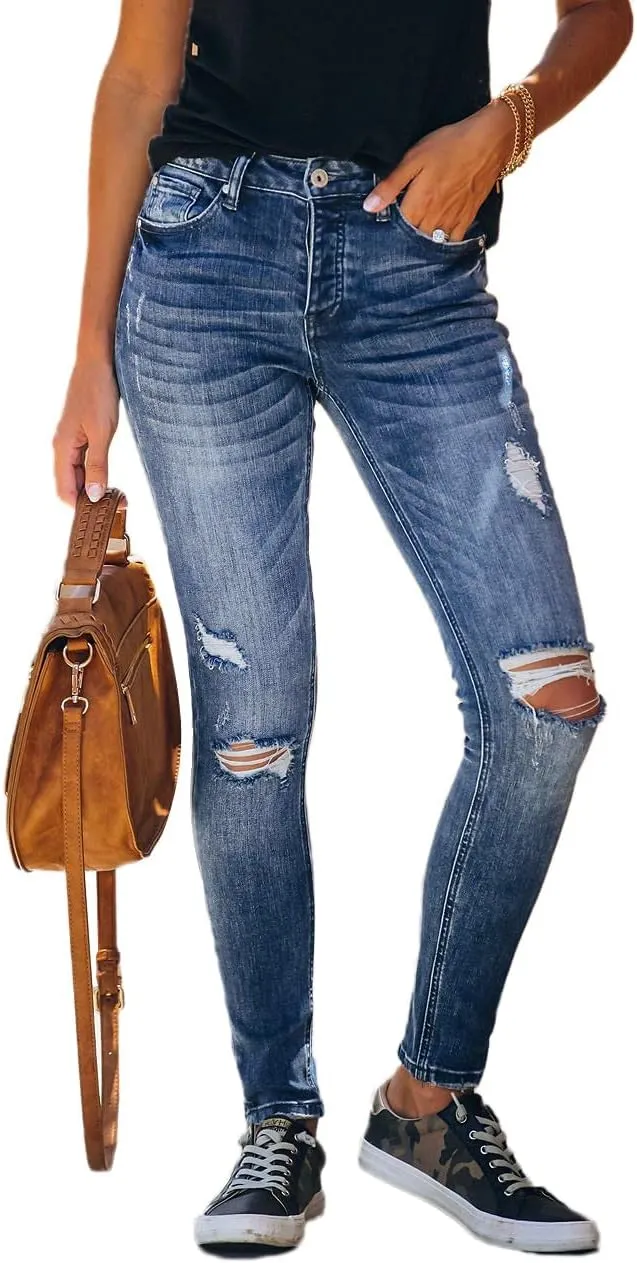 Allimy Women's High Rise Skinny Stretch Ripped Jeans High Waisted Destroyed Denim Pants