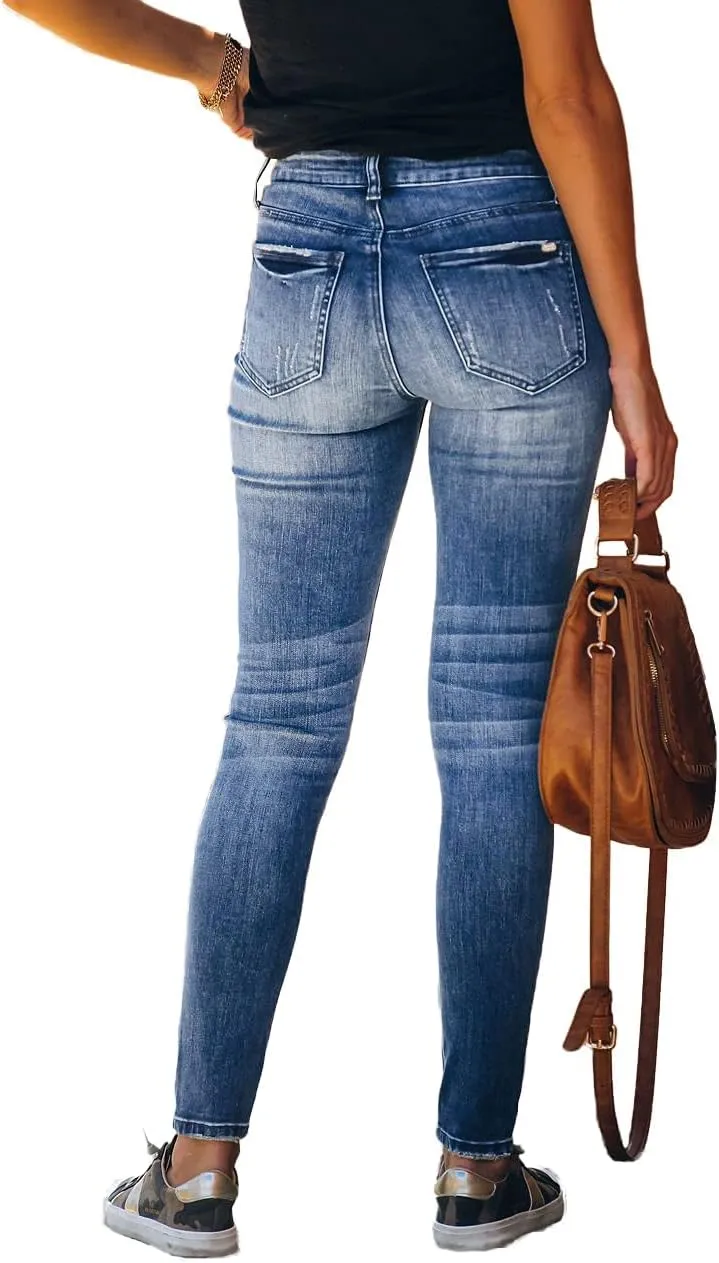 Allimy Women's High Rise Skinny Stretch Ripped Jeans High Waisted Destroyed Denim Pants