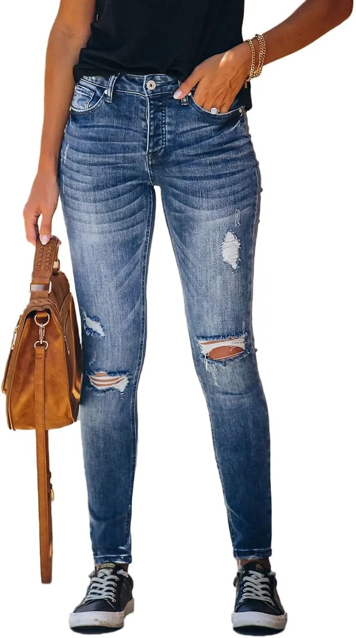 Allimy Women's High Rise Skinny Stretch Ripped Jeans High Waisted Destroyed Denim Pants