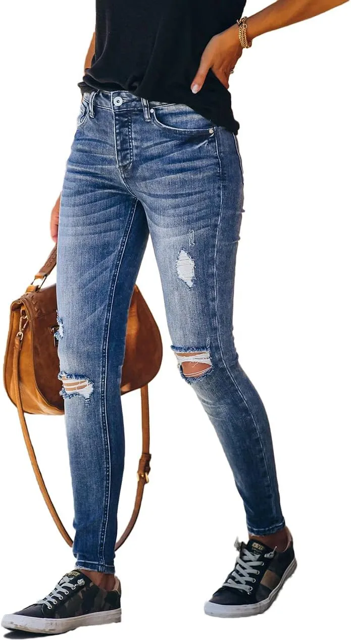 Allimy Women's High Rise Skinny Stretch Ripped Jeans High Waisted Destroyed Denim Pants