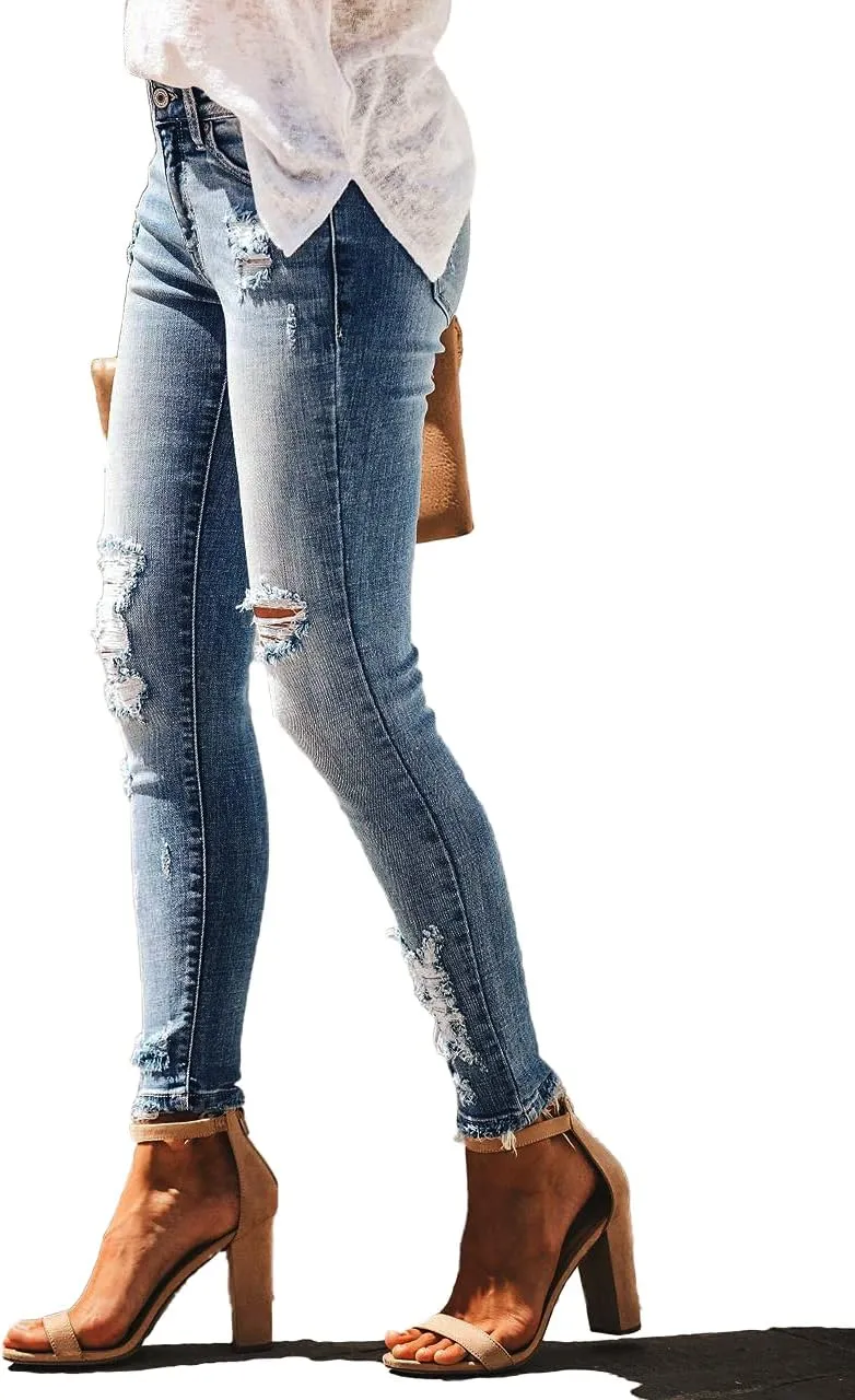 Allimy Women's High Rise Skinny Stretch Ripped Jeans High Waisted Destroyed Denim Pants