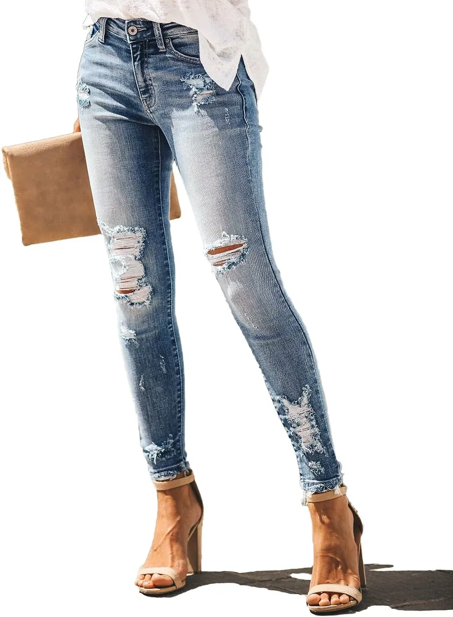 Allimy Women's High Rise Skinny Stretch Ripped Jeans High Waisted Destroyed Denim Pants