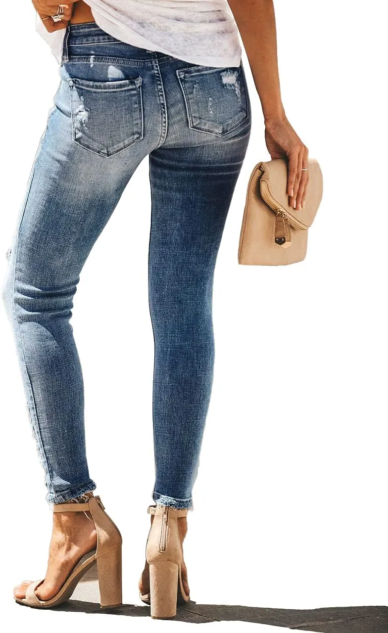 Allimy Women's High Rise Skinny Stretch Ripped Jeans High Waisted Destroyed Denim Pants