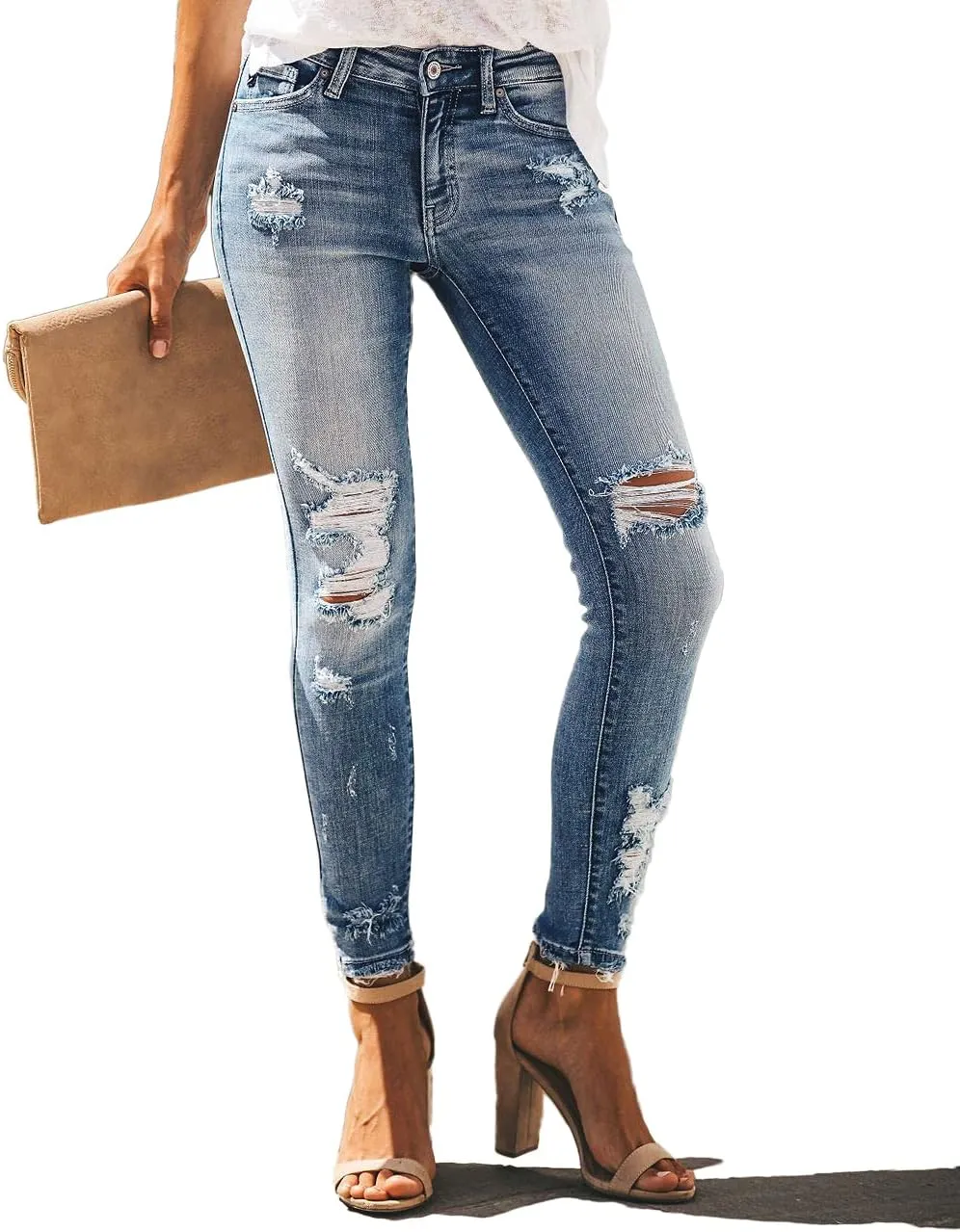 Allimy Women's High Rise Skinny Stretch Ripped Jeans High Waisted Destroyed Denim Pants