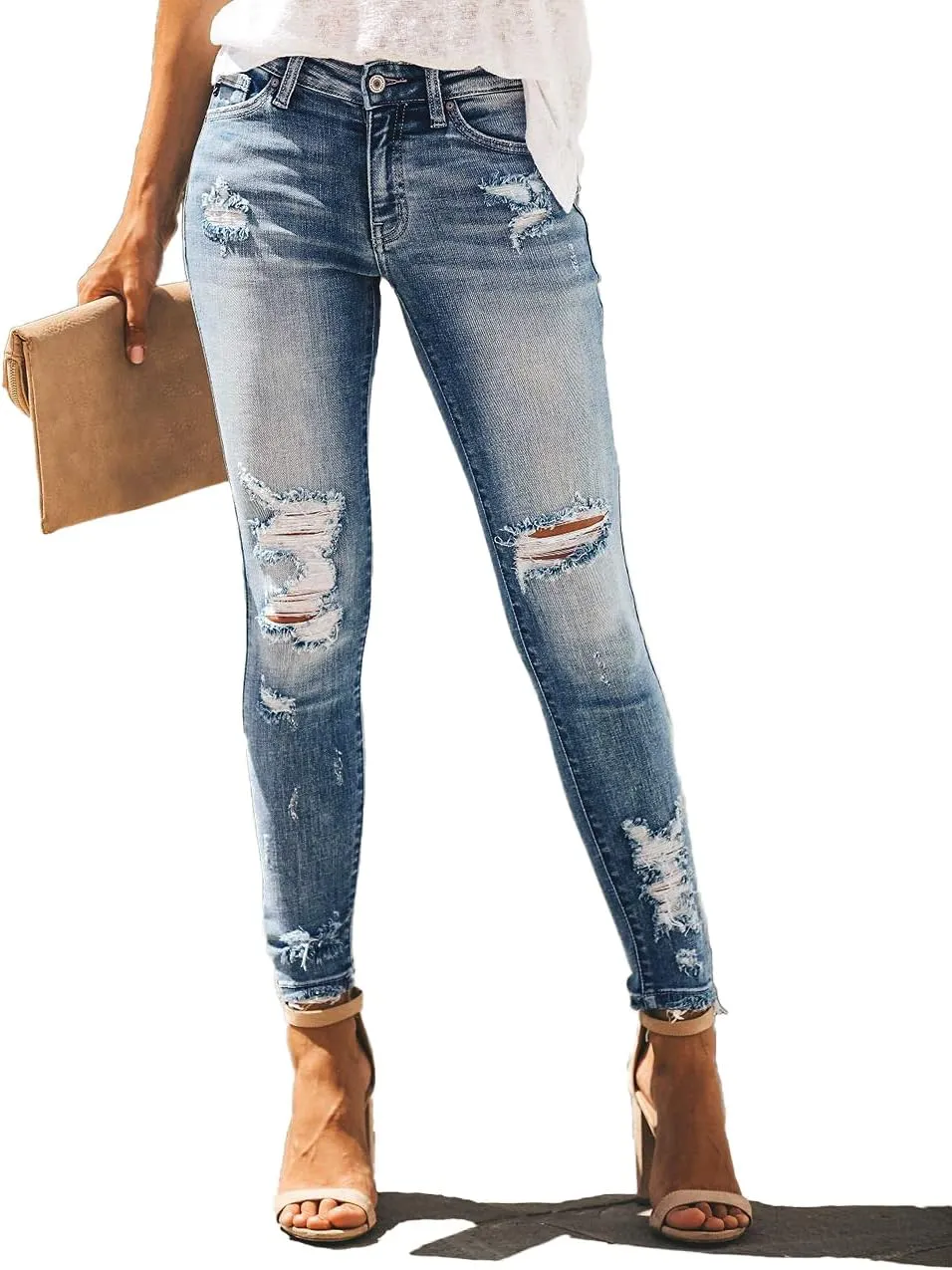 Allimy Women's High Rise Skinny Stretch Ripped Jeans High Waisted Destroyed Denim Pants