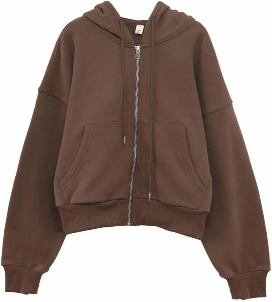 Amazhiyu Women's Cropped Zip-Up Drawstring Hoodie Fleece Full Zip Casual Jacket