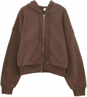 Amazhiyu Women's Cropped Zip-Up Drawstring Hoodie Fleece Full Zip Casual Jacket