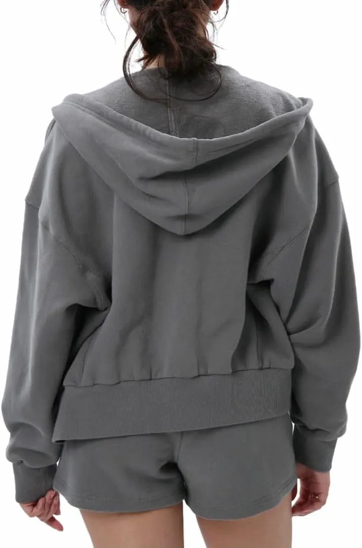 Amazhiyu Women's Cropped Zip-Up Drawstring Hoodie Fleece Full Zip Casual Jacket