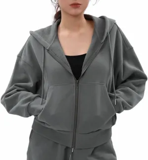 Amazhiyu Women's Cropped Zip-Up Drawstring Hoodie Fleece Full Zip Casual Jacket