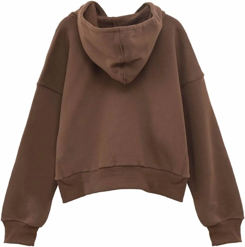 Amazhiyu Women's Cropped Zip-Up Drawstring Hoodie Fleece Full Zip Casual Jacket