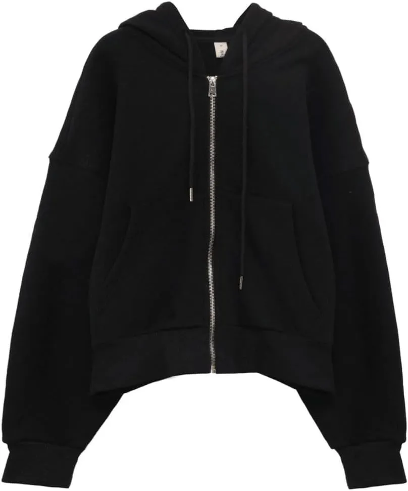 Amazhiyu Women's Cropped Zip-Up Drawstring Hoodie Fleece Full Zip Casual Jacket