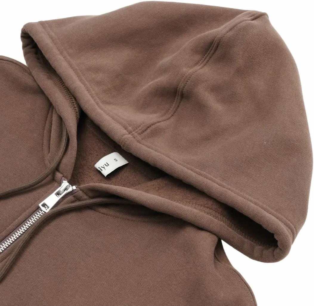Amazhiyu Women's Cropped Zip-Up Drawstring Hoodie Fleece Full Zip Casual Jacket