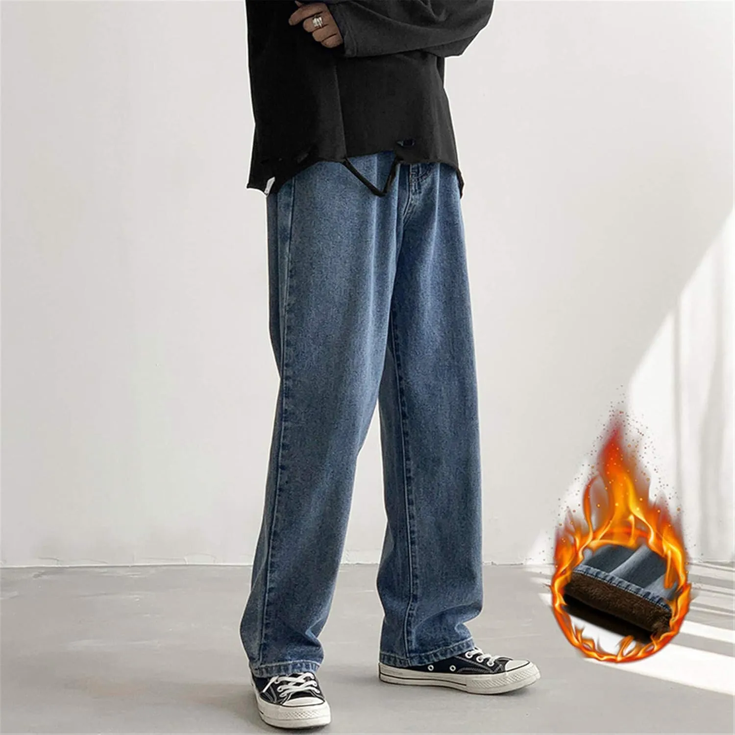 Andongnywell Men's Loose Straight Leg Jeans Baggy Straight Thick Ceiling Wide-Leg Denim Pants Trousers